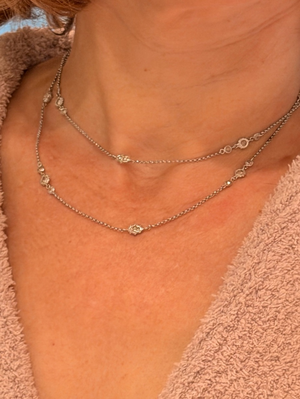 Silver Tone Station Necklace Convertible Long or Double Strand Crystal Accents